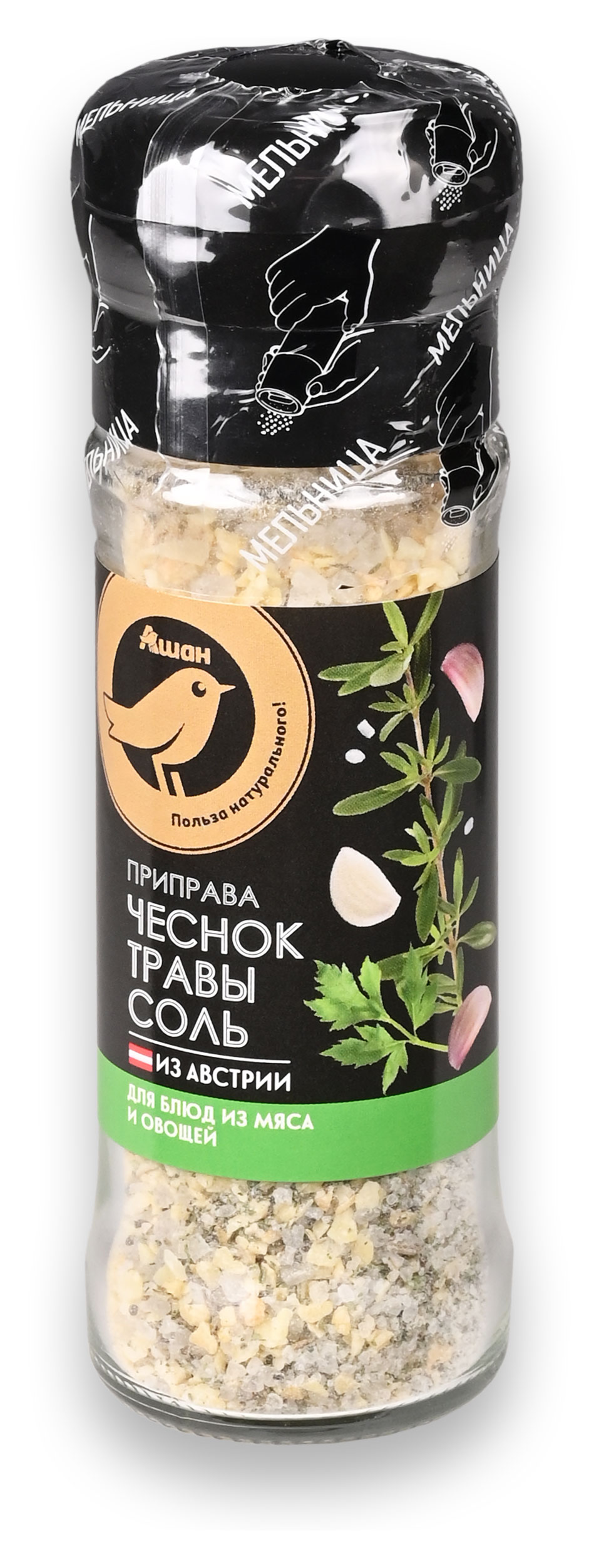 

Приправа АШАН Золотая птица чеснок травы соль мельница, 85 г