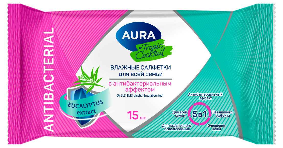 Изображение товара Салфетки влажные Aura Tropic Cocktail с антибактериальным эффектом, 15 шт в ассортименте