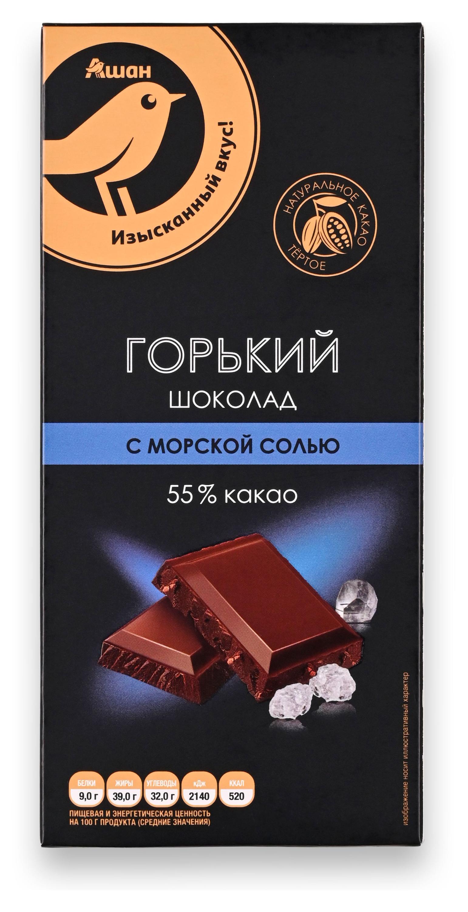 

Шоколад горький АШАН Золотая птица с морской солью, 100 г
