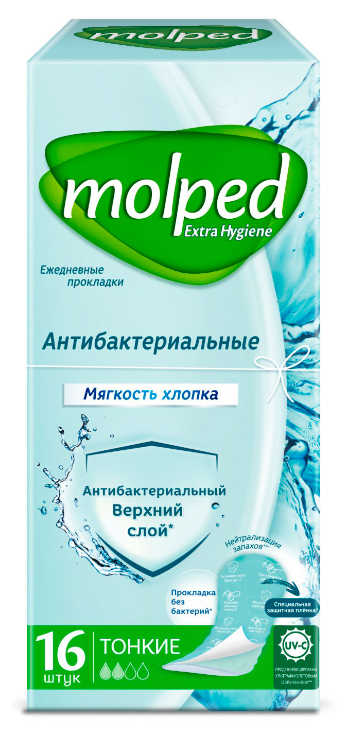 

Прокладки ежедневные Molped антибактериальные 2 капли, 16 шт