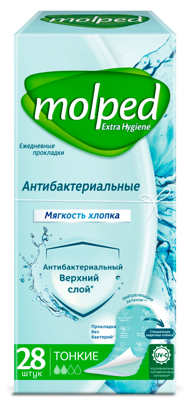 

Прокладки ежедневные Molped антибактериальные 2 капли, 28 шт