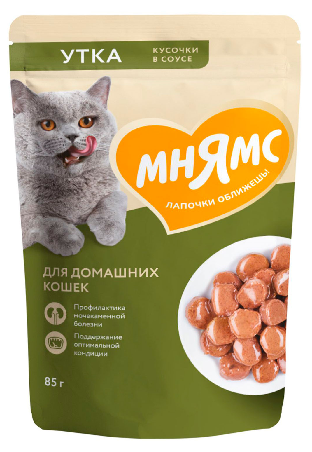 Изображение товара Влажный корм для домашних кошек «Мнямс» Кусочки в соусе с уткой, 85 г