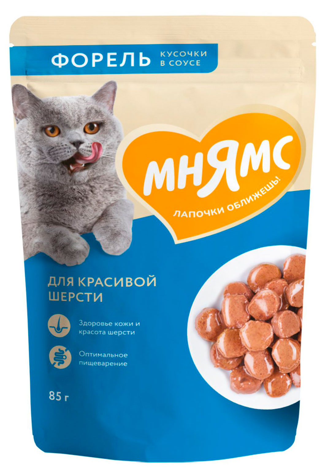 Изображение товара Влажный корм для кошек «Мнямс» Кусочки в соусе с форелью для красивой шерсти, 85 г