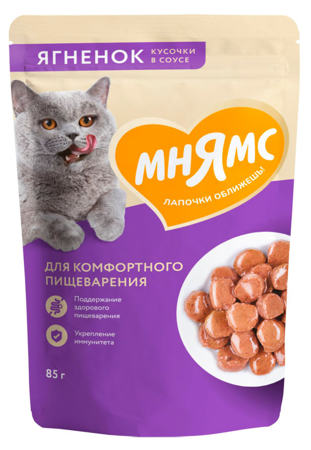 Изображение товара Влажный корм для кошек «Мнямс» Кусочки в соусе с ягненком для комфортного пищеварения, 85 г