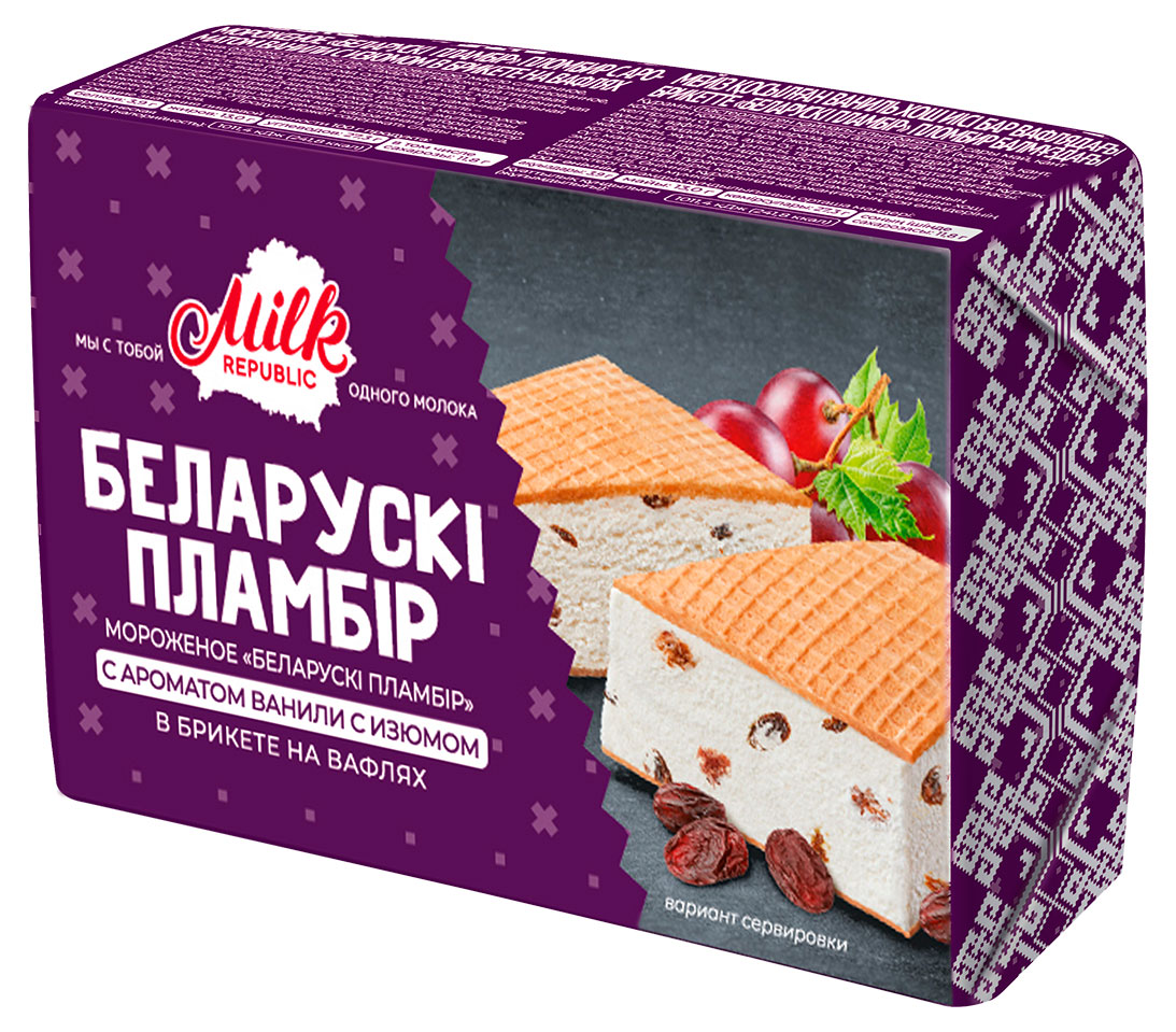 

Мороженое пломбир Milk Republic брикет с ароматом ванили с изюмом 15%, 100 г