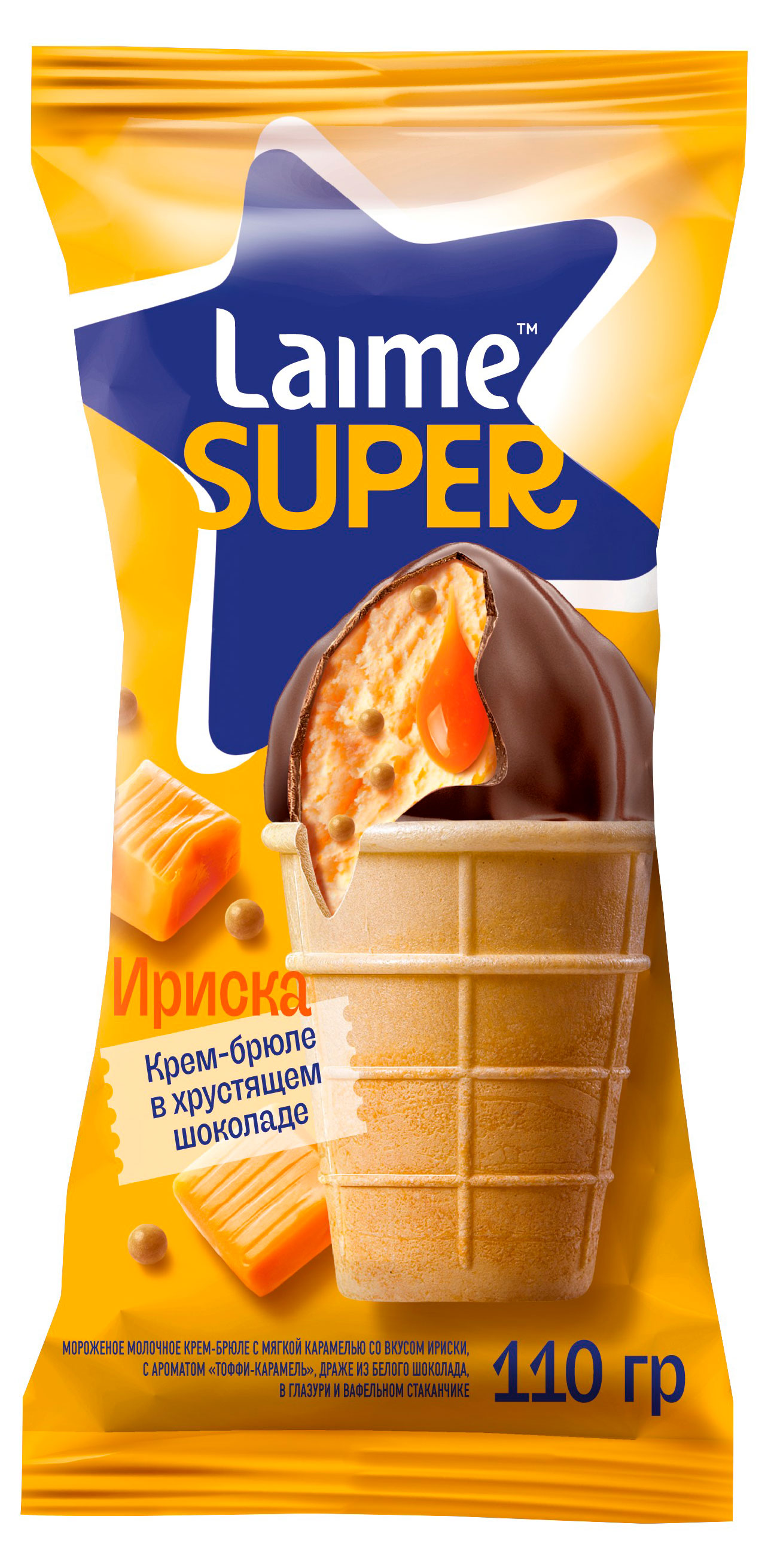 

Мороженое молочное Laime Super Ириска крем-брюле в хрустящем шоколаде в вафельном стаканчике 4% БЗМЖ, 110 г