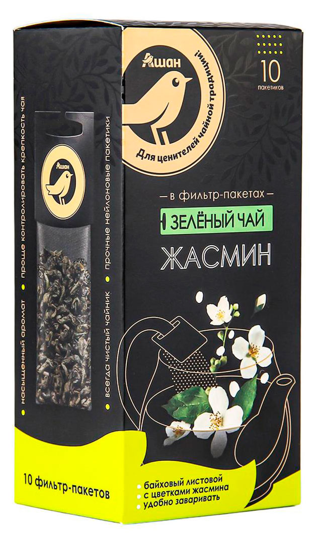 

Чай зеленый в фильтрах АШАН Золотая птица с жасмином для чайника, 10 шт х 5 г