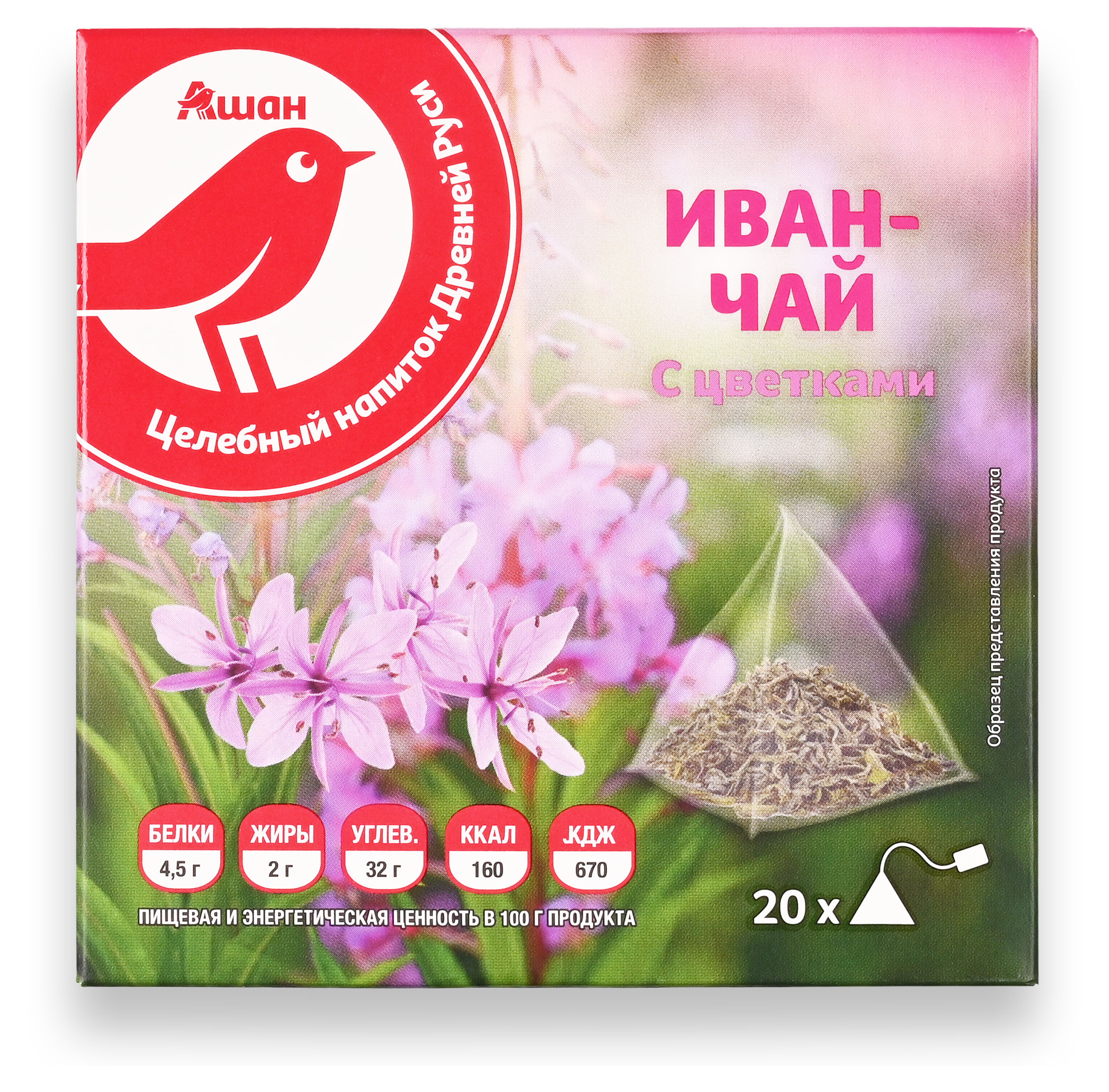

Чай травяной АШАН Красная птица иван-чай в пакетиках, 20х4 г