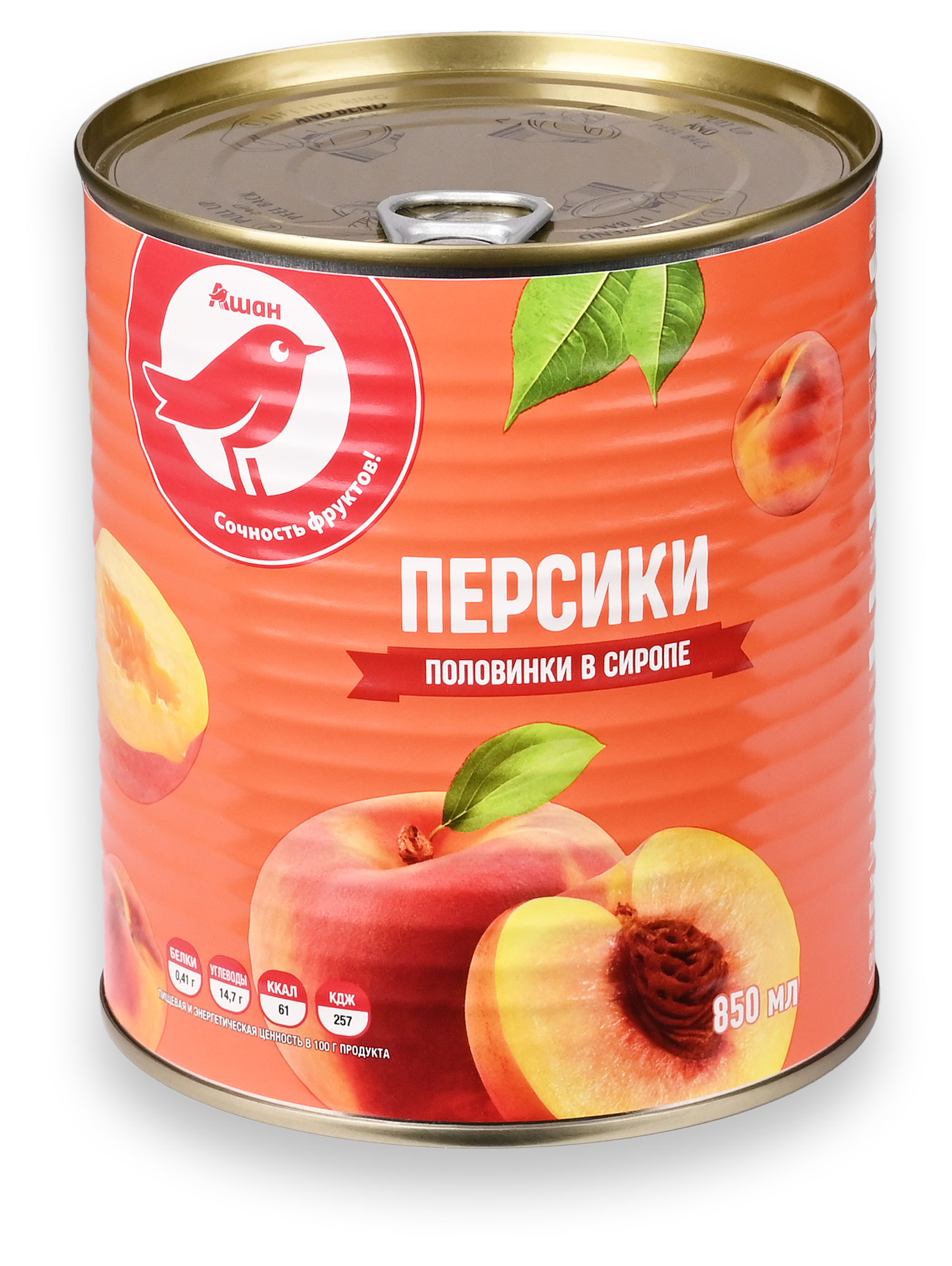 

Персики АШАН Красная птица половинки в легком сиропе, 850 мл