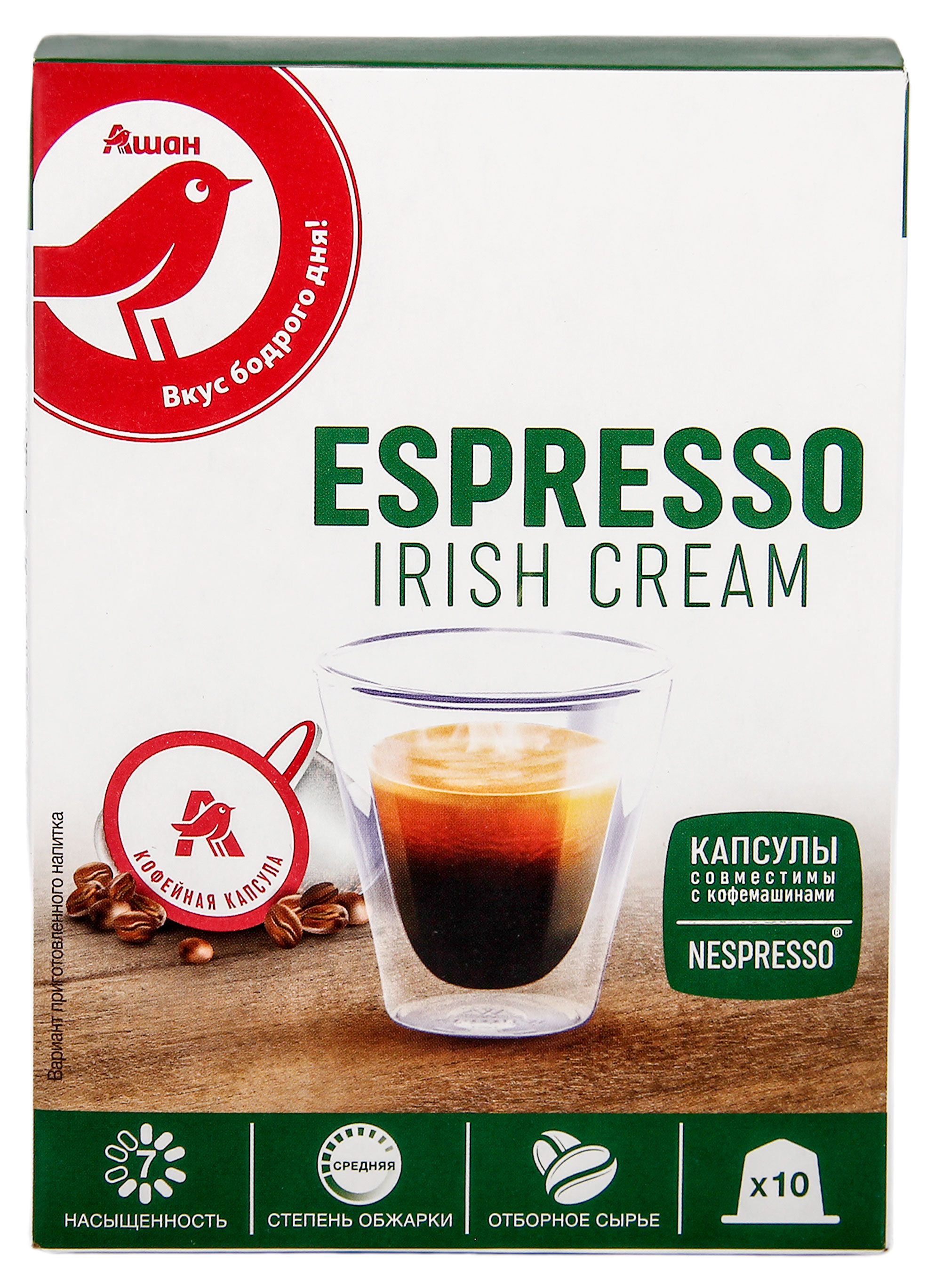

Кофе в капсулах АШАН Красная птица ESPRESSO IRISH CREAM, 10 шт
