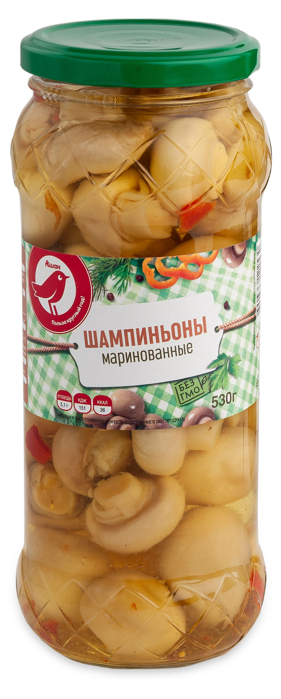 

Шампиньоны АШАН Красная птица маринованные, 0,58 мл