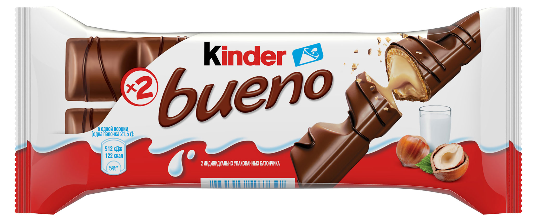 

Вафли Kinder Bueno покрытые молочным шоколадом с молочно-ореховой начинкой, 43 г