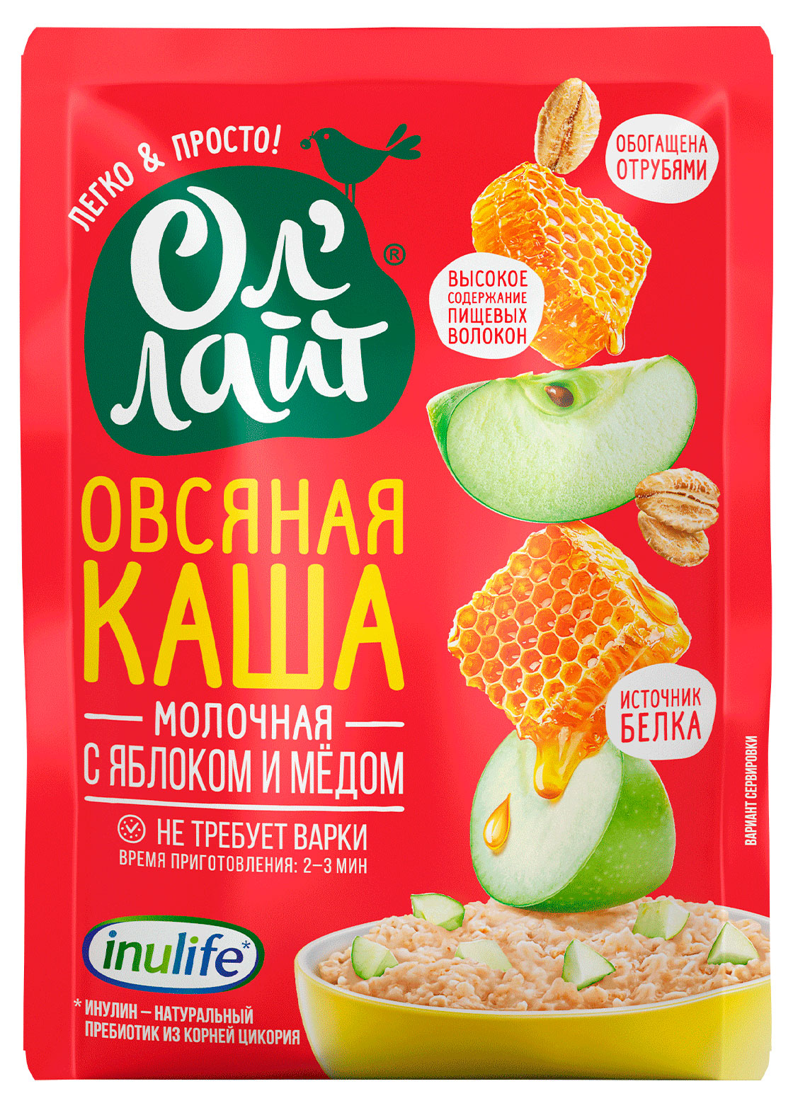 Изображение товара Каша овсяная «Ол'Лайт» молочная с яблоком и медом, 40 г