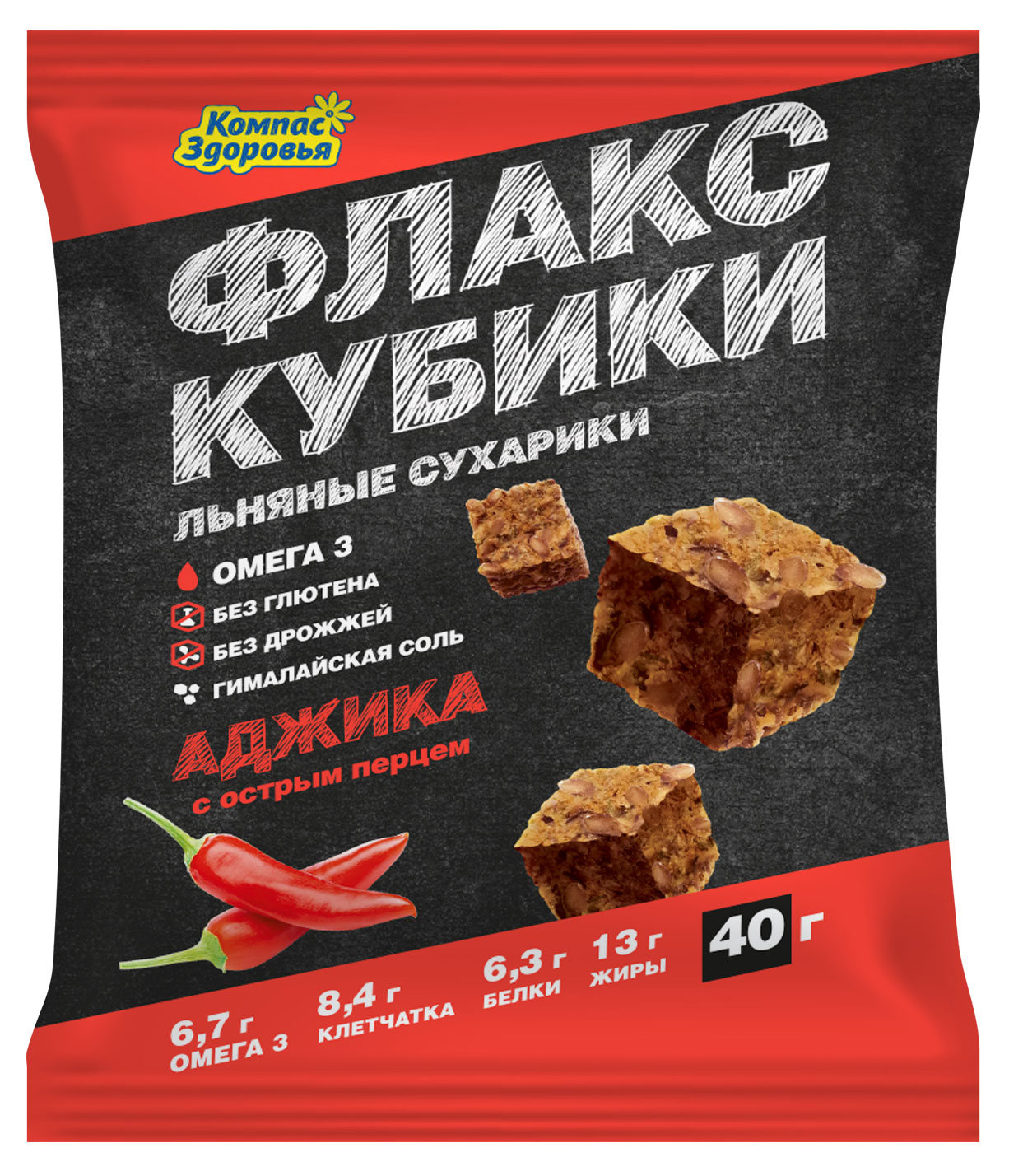 

Сухарики льняные Компас Здоровья Флакс-кубики с аджикой с острым перцем без глютена, 40 г