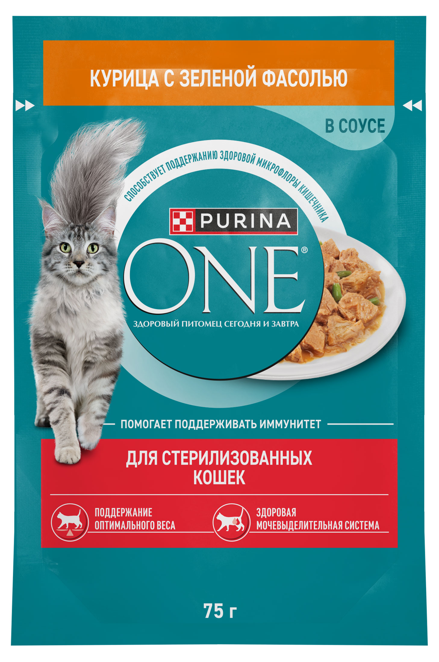 

Влажный корм для стерилизованных кошек Purina ONE с курицей и зеленой фасолью в соусе, 75 г
