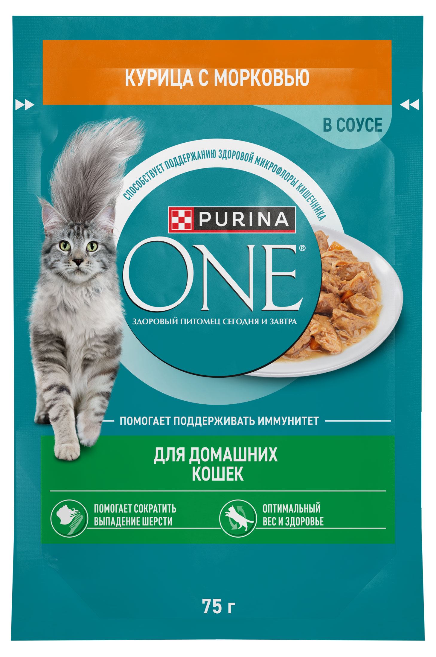 Изображение товара Влажный корм для домашних кошек Purina ONE с курицей и морковью в соусе, 75 г