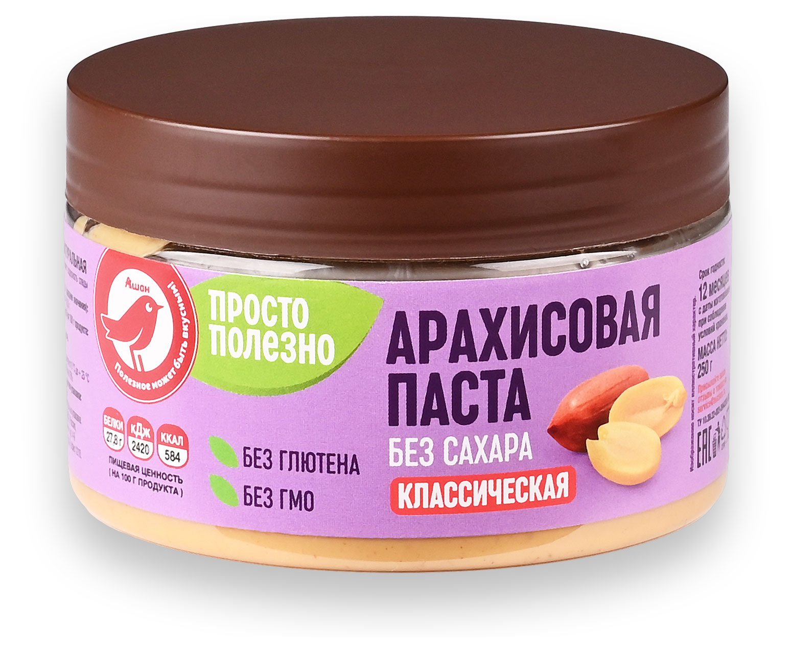 

Паста арахисовая АШАН Красная птица классическая без сахара, 250 г