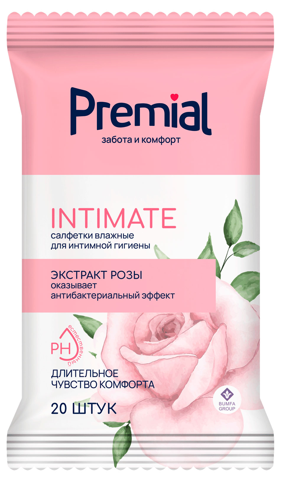 

Салфетки влажные для интимной гигиены Premial экстракт розы, 20 шт