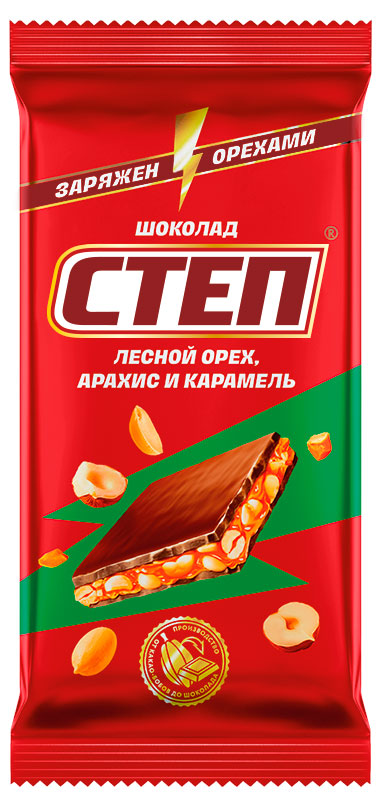 

Шоколад молочный СТЕП лесной орех арахис и карамель, 80 г