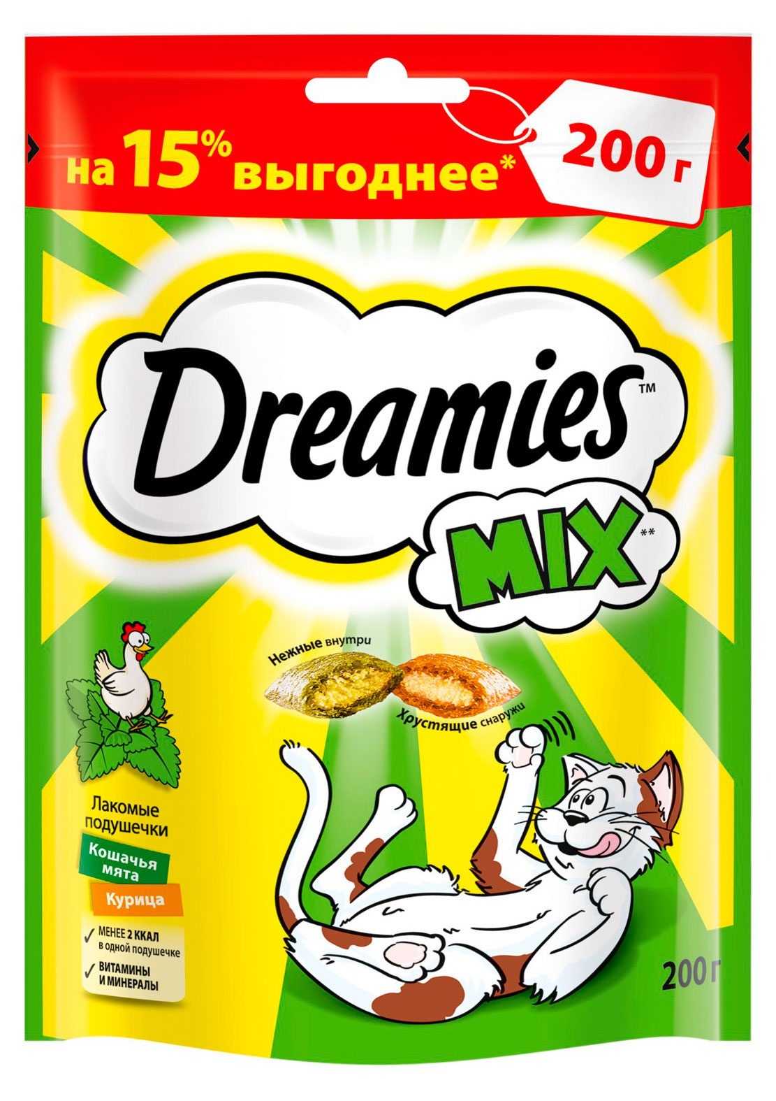 

Лакомство для взрослых кошек Dreamies Mix подушечки с курицей и мятой, 200 г