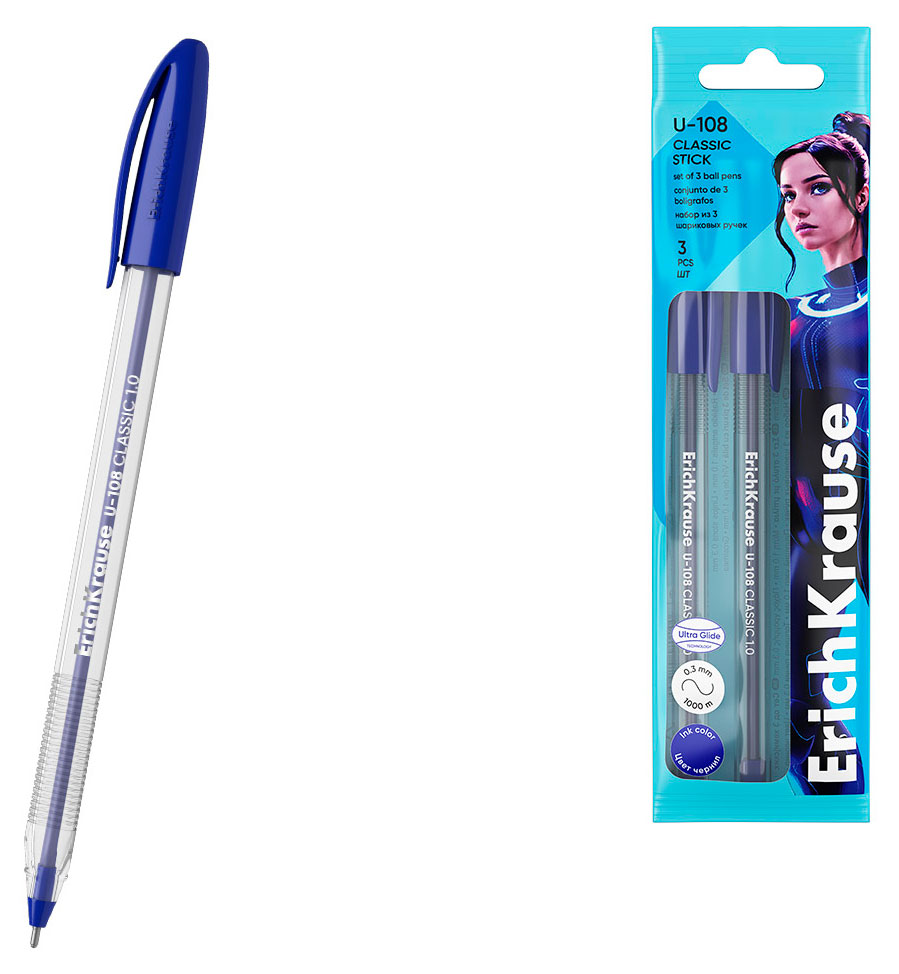 

Набор ручек шариковых ErichKrause U-108 Stick Classic 1.0 Ultra Glide Technology синие, 3 шт