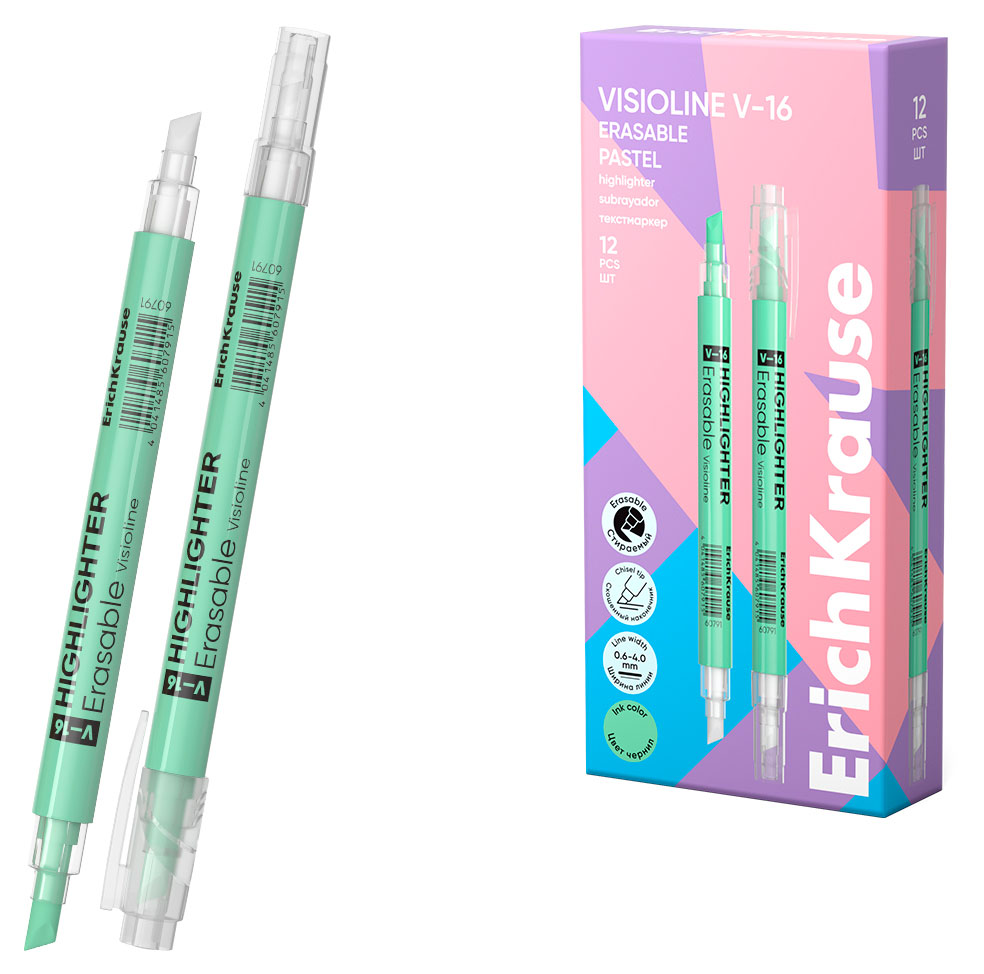 

Текстмаркер двухсторонний стираемый ErichKrause Visioline V-16 Erasable Pastel зеленый