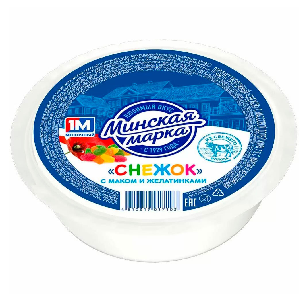 

Продукт творожный Минская марка Снежок с маком и желатинками 7% БЗМЖ, 400 г