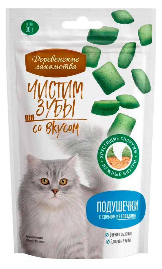 

Лакомство для кошек Деревенские лакомства Чистим зубы Подушечки с кремом из говядины, 30 г