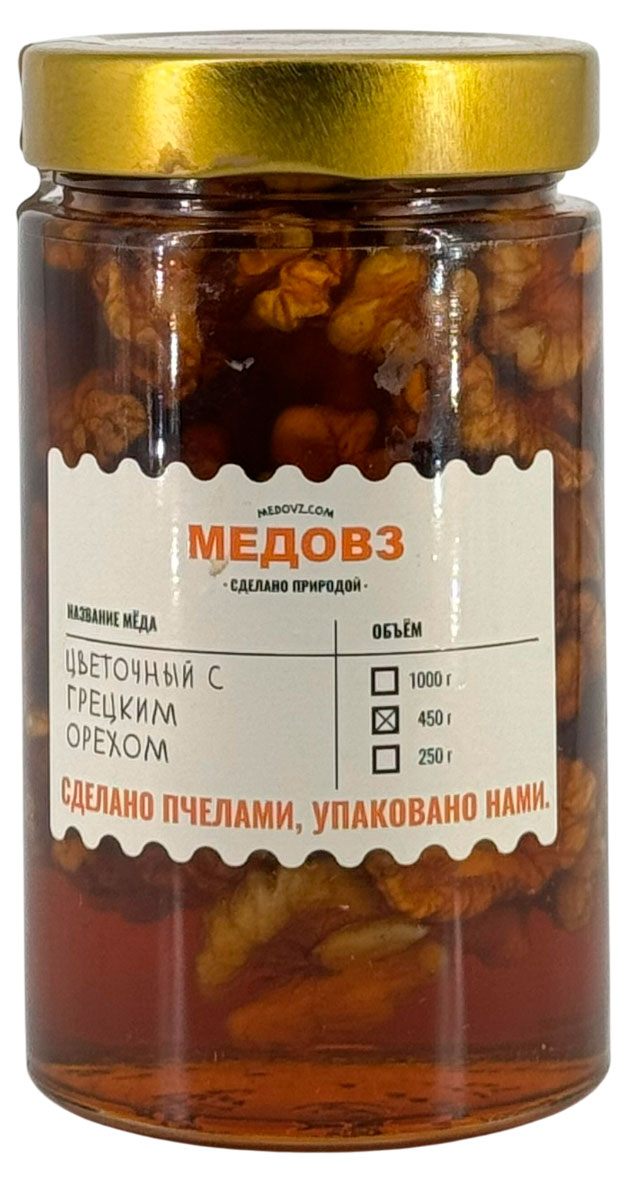 Изображение товара Мед «Медовз» цветочный с грецким орехом, 450 г
