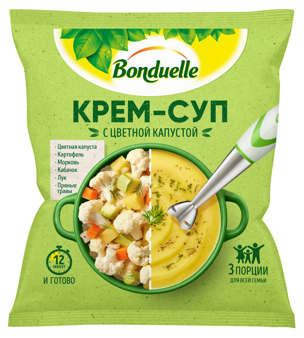 

Овощная суповая смесь Крем-суп овощной BONDUELLE с цветной капустой 3 порции замороженная, 350 г