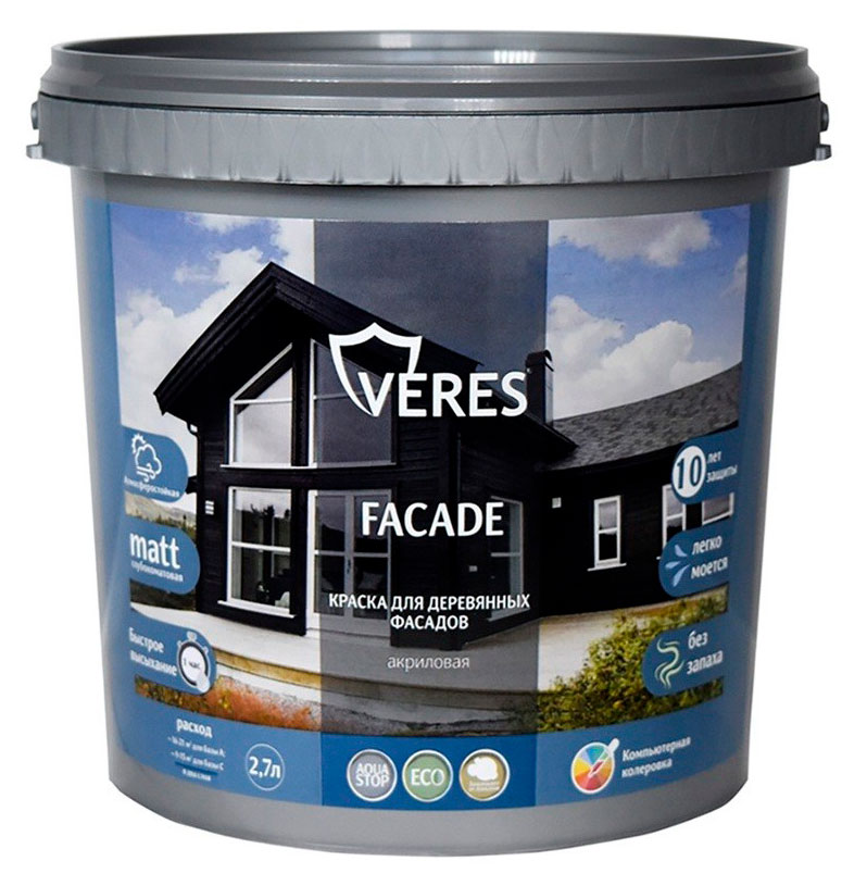 

Краска фасадная для деревянных фасадов Veres Facade акриловая матовая горький шоколад, 2,7 л