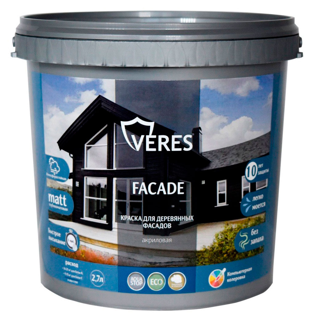 

Краска фасадная для деревянных фасадов Veres Facade акриловая матовая белая, 2,7 л