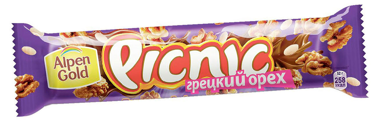 

Шоколадный батончик Picnic c грецким орехом изюмом мягкой карамелью, 52 г