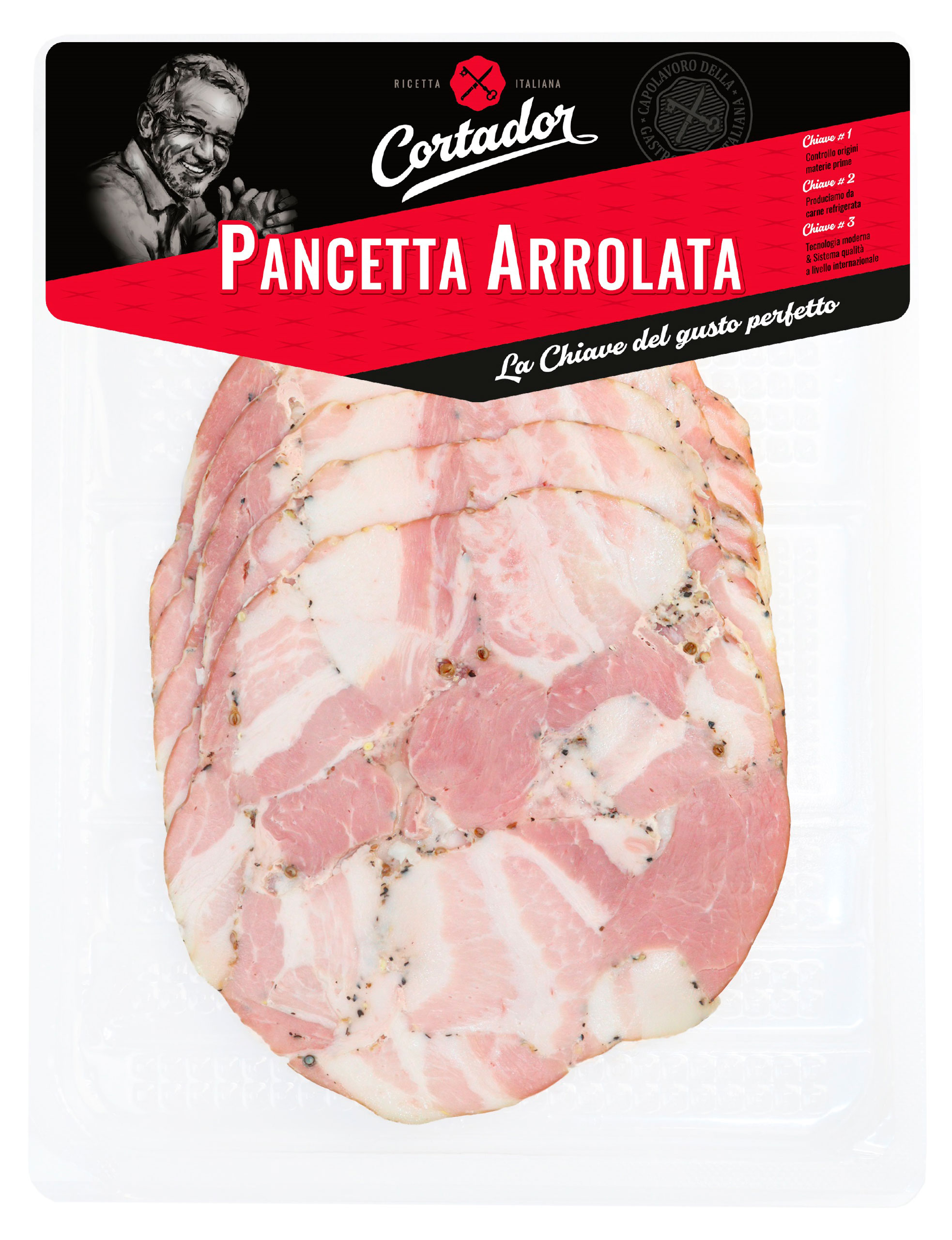 Изображение товара Свинина варено-копченая Cortador Pancetta Arrolata нарезка, 120 г