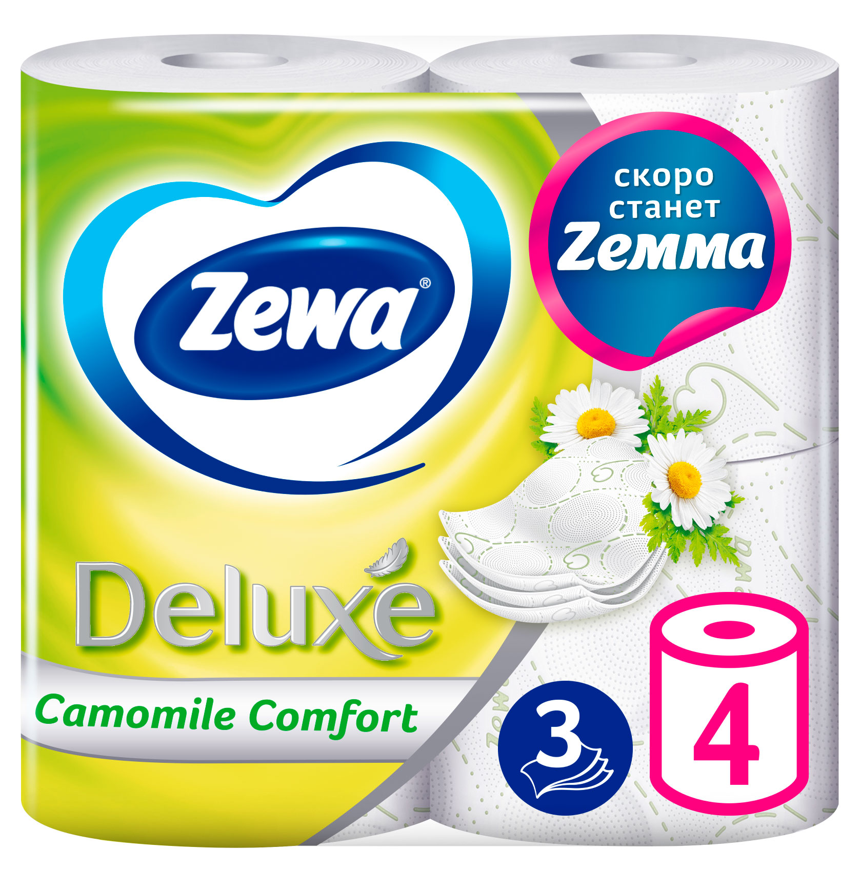 

Бумага туалетная Zewa Deluxe Ромашка, 3 слоя, 4 рулона