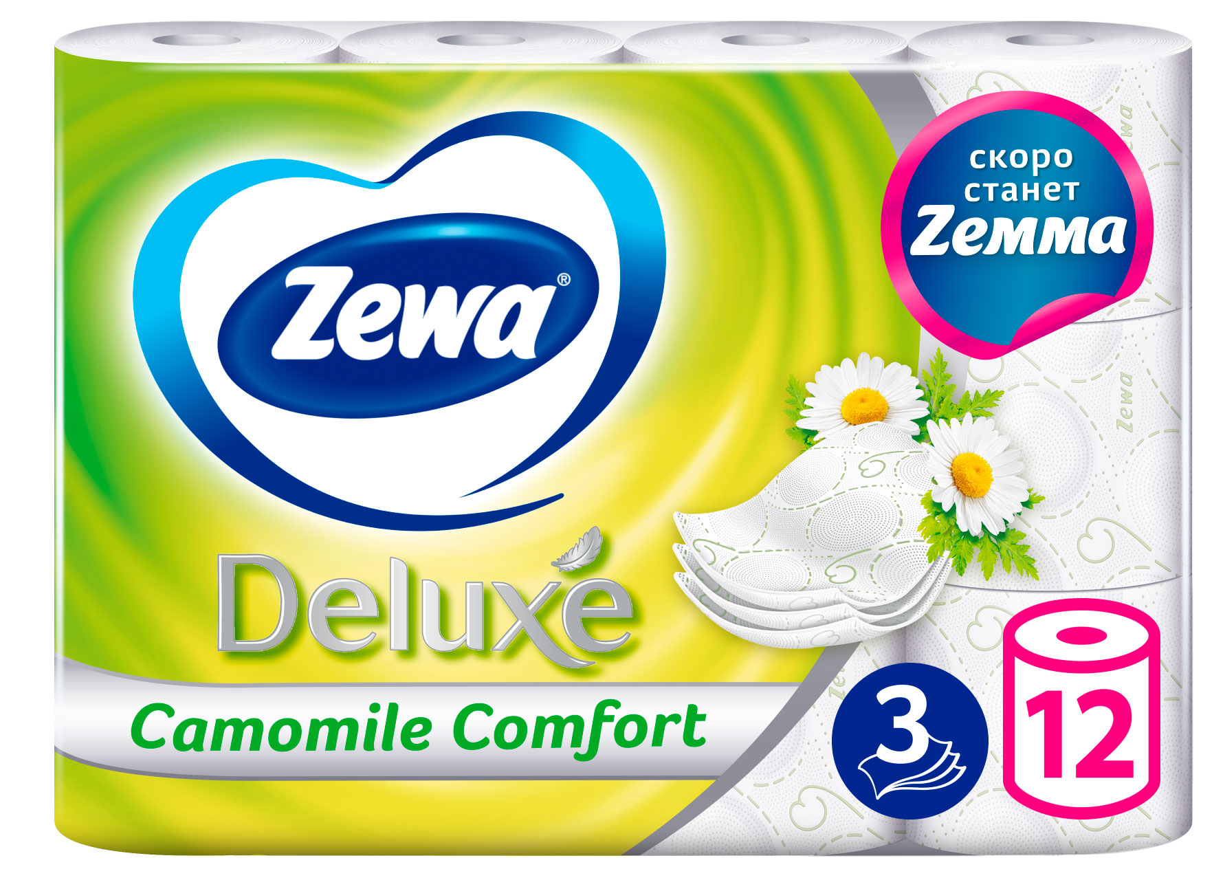 

Бумага туалетная Zewa Deluxe Ромашка, 3 слоя, 12 рулонов
