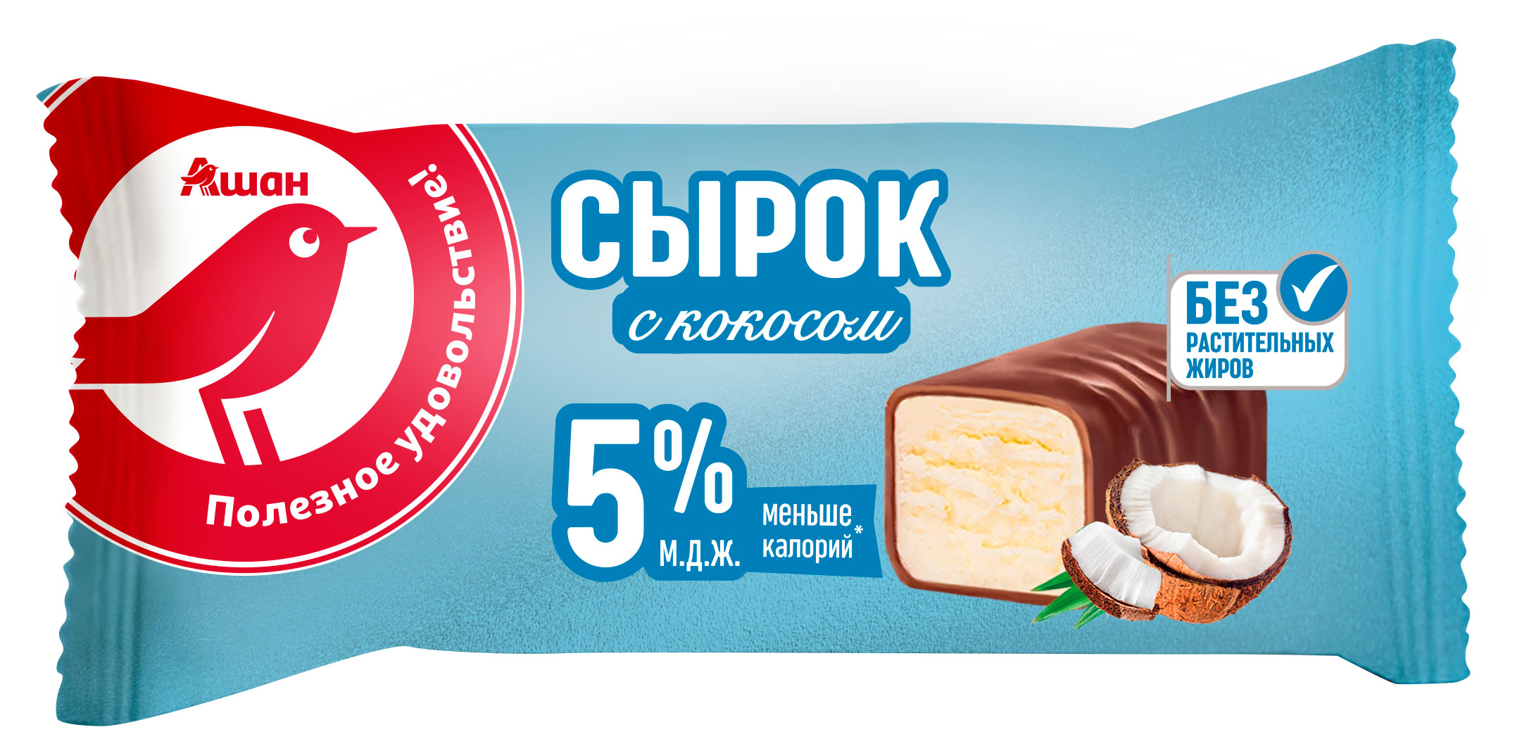 

Сырок творожный АШАН Красная птица глазированный с кокосом ГОСТ БЗМЖ, 40 г