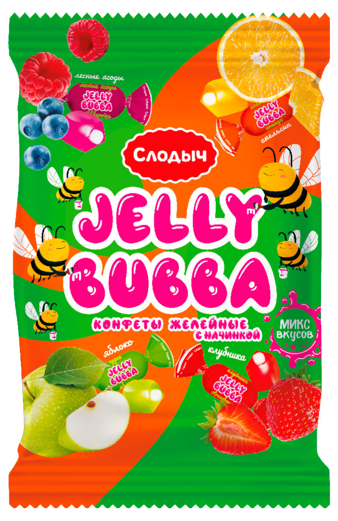 

Конфеты Jelly Bubba желейные с начинкой со вкусами малины ежевики яблока и апельсина, 200 г