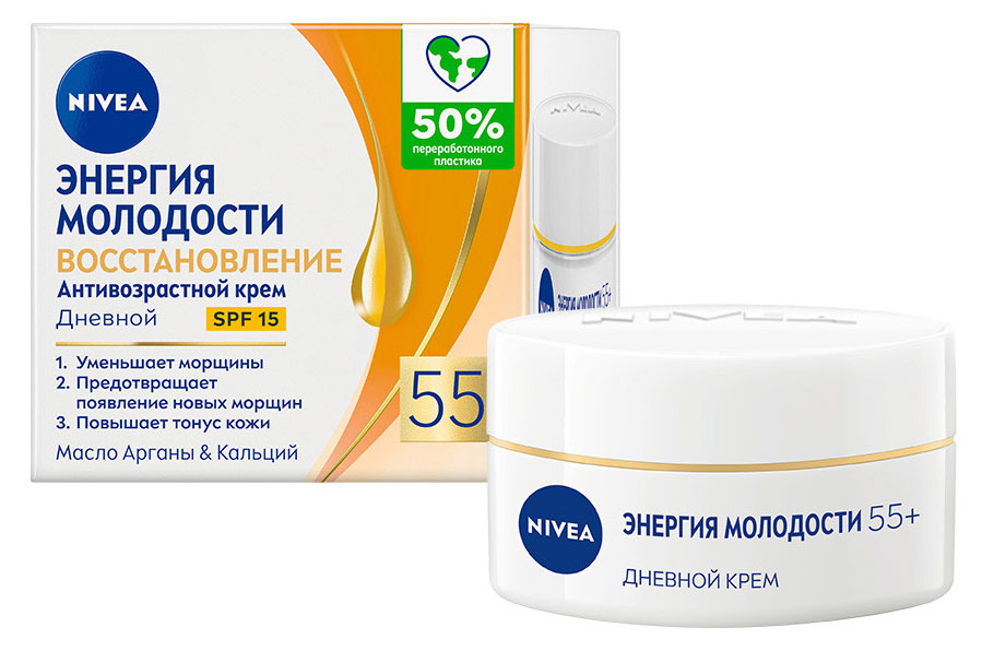 

Крем для лица дневной NIVEA Антивозрастной Энергия Молодости Восстановление 55+ против морщин SPF 15, 50 мл