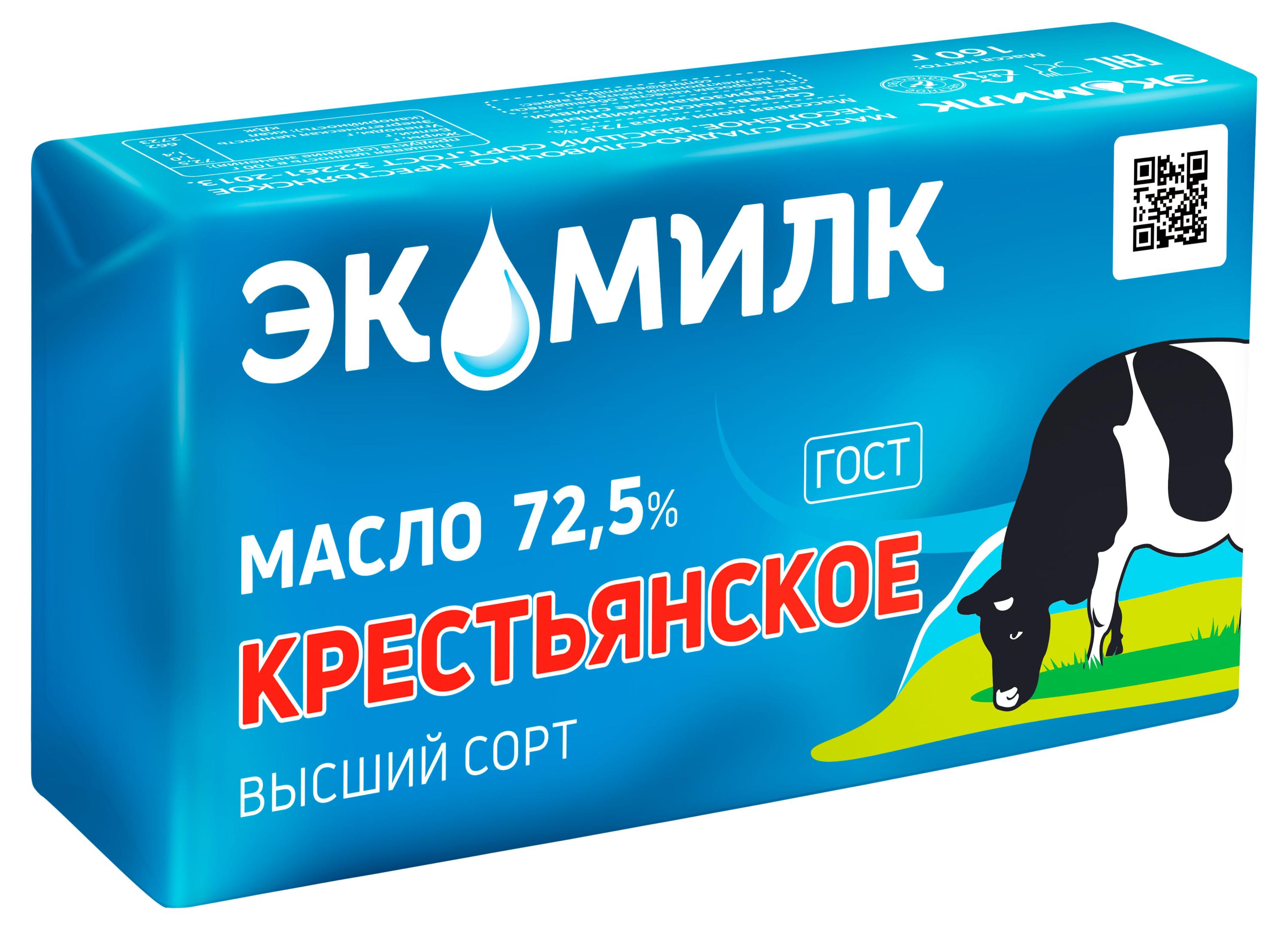 Изображение товара Масло сладкосливочное «Экомилк» Крестьянское несоленое 72,5%, 160 г