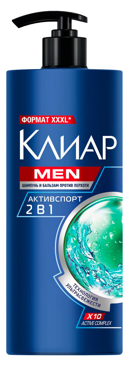 

Шампунь и бальзам для волос Клиар Men Активспорт 2 в 1 от перхоти с ментолом и таурином, 1 л