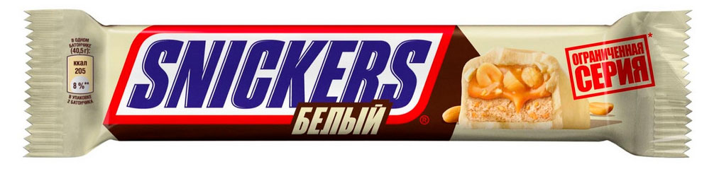 Изображение товара Батончик шоколадный Snickers с карамелью арахисом и нугой в белом шоколаде, 81 г