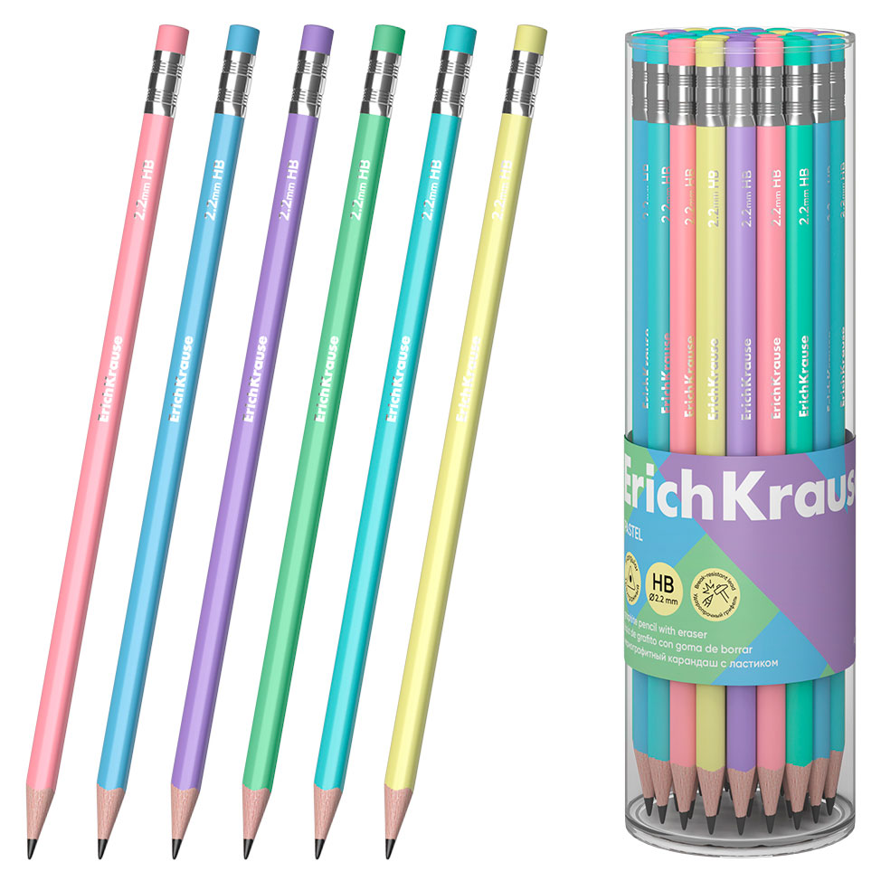 

Карандаш чернографитный ErichKrause Pastel с ластиком HB, 1 шт в ассортименте