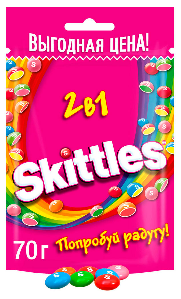 Изображение товара Драже Skittles 2в1 в разноцветной сахарной глазури, 70 г