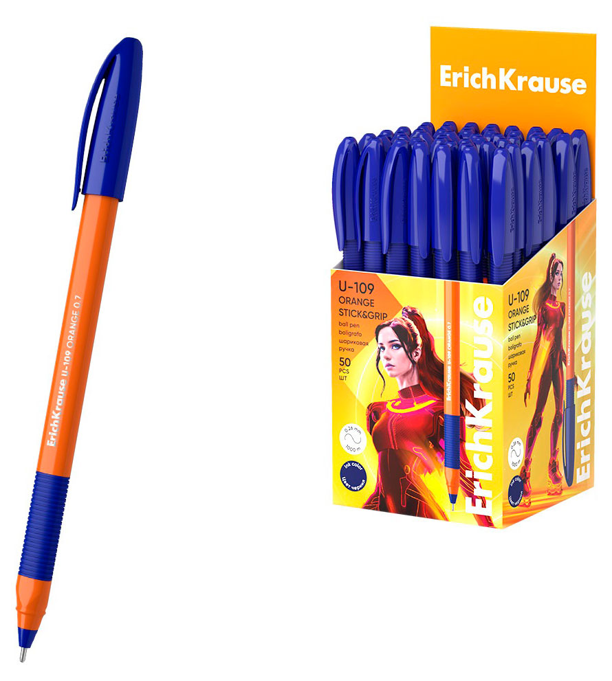 Изображение товара Ручка шариковая ErichKrause U-109 Orange Stick&Grip 1.0 Ultra Glide Technology, синий, 1 шт