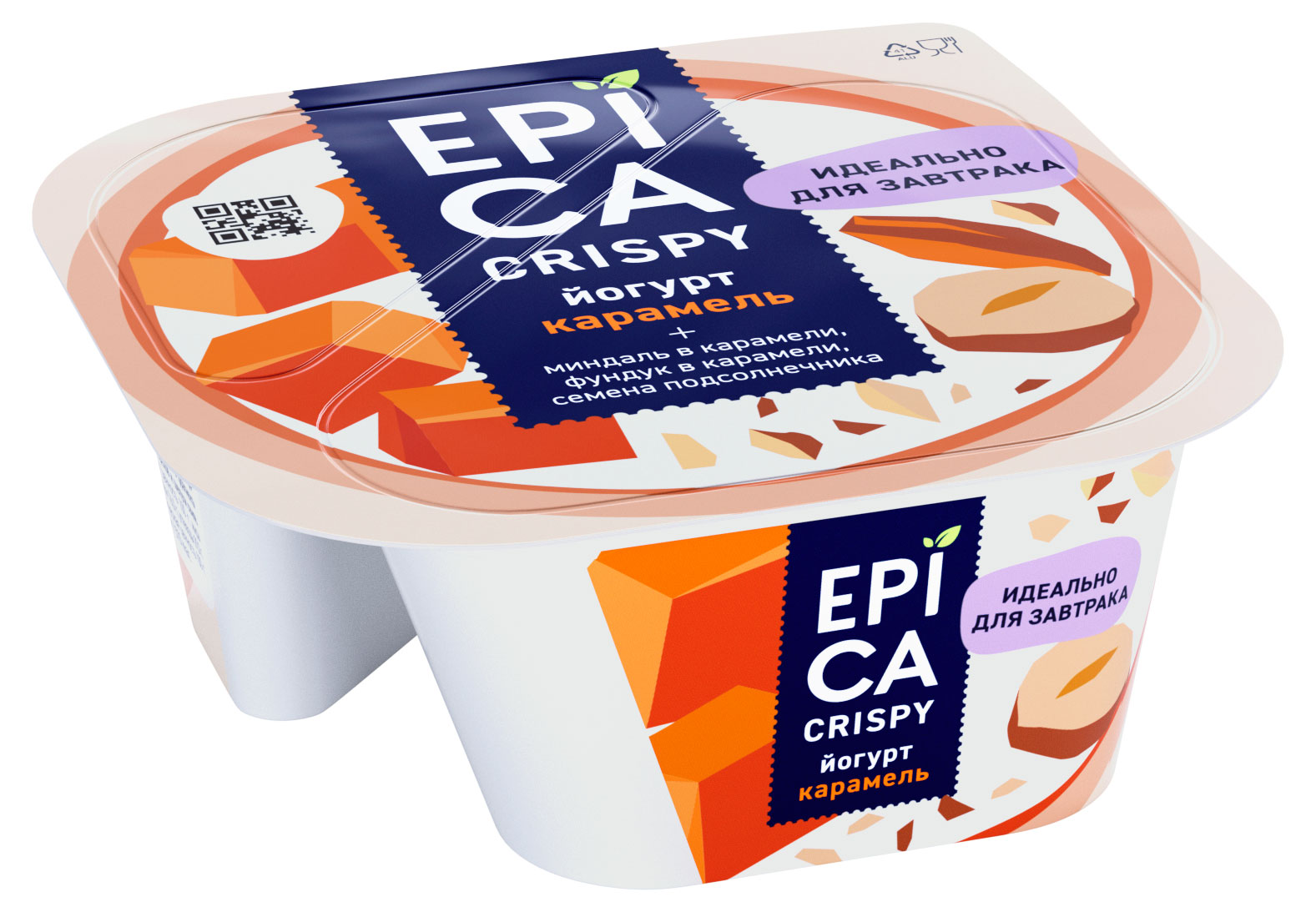 Изображение товара Йогурт EPICA CRISPY с карамелью семенами подсолнечника орехами карамелью 10,2%, 140 г