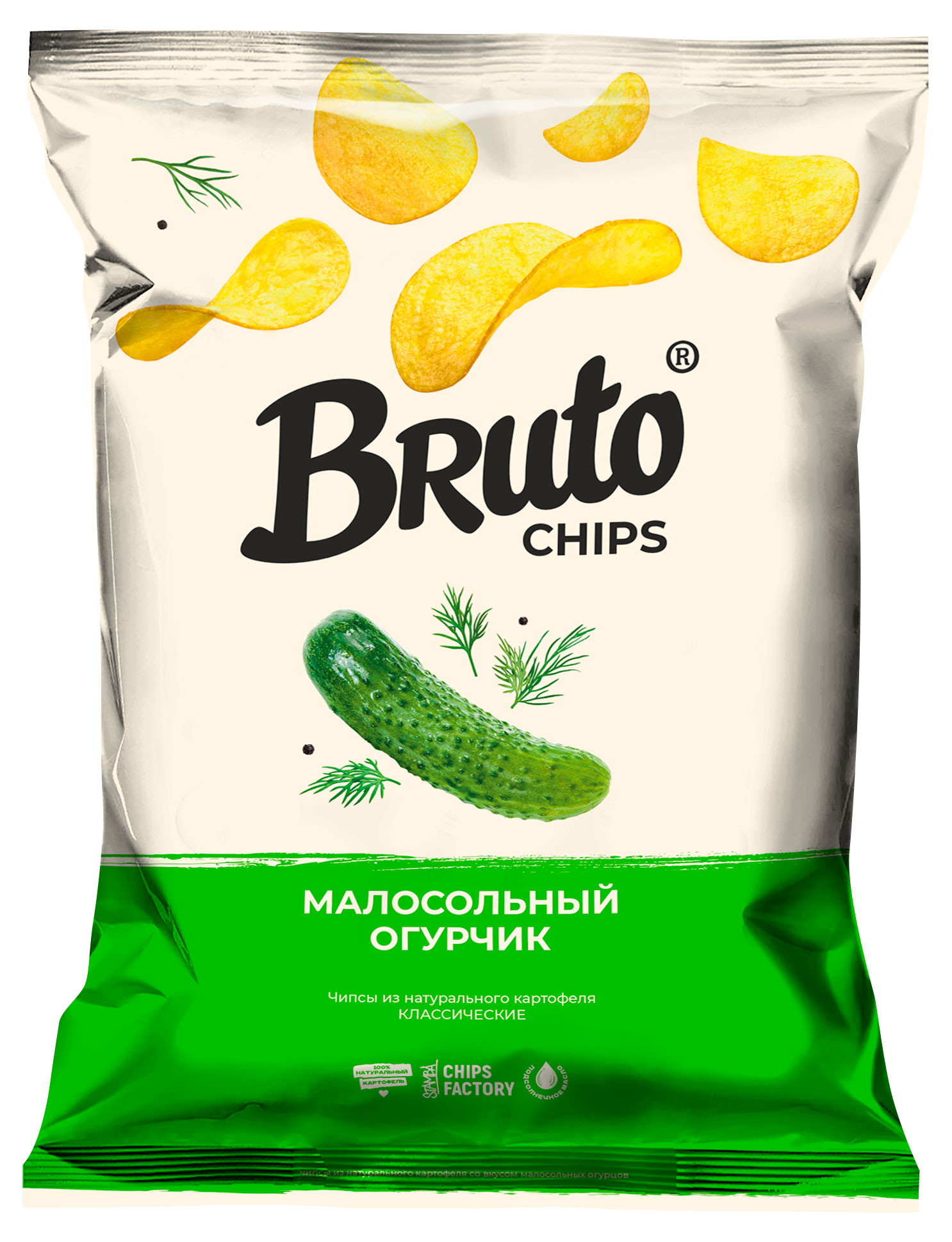Изображение товара Картофельные чипсы Bruto Малосольный огурец 120 г — вкусная хрустящая закуска