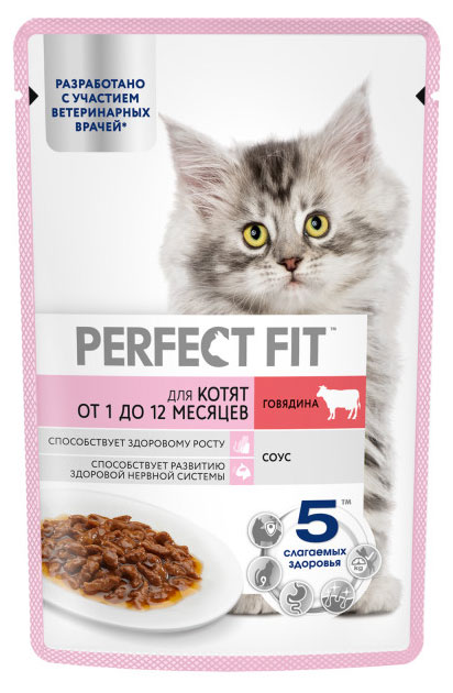 Изображение товара Влажный корм для котят PERFECT FIT с говядиной в соусе, 75 г