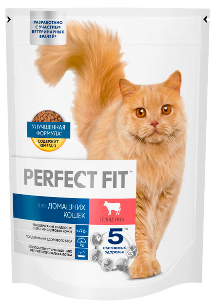 Изображение товара Сухой корм для домашних кошек PERFECT FIT с говядиной 650 г