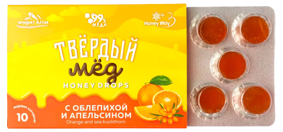 Изображение товара Натуральные карамельные конфеты Honey Way с облепихой и апельсином, 30 г